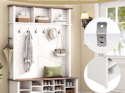 4 In 1 Hall Tree With 6 Hooks, Entryway Bench With Adjustable Shelves - White