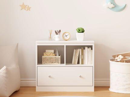 Toy Storage Organizer With Large Drawer And Low Bookshelf For Nursery & Playroom - White