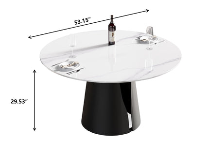 53.15" Modern Artificial Stone Round Carbon Steel Base Dining Table, Can Accommodate 6 People - White / Black