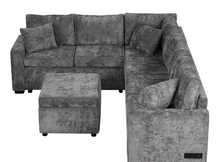 Sectional Sofa Pull-Out Sofa Bed Sleeper With A Storage Ottoman, Three Pillows And Charging Devices For Living Room