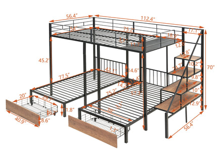 Full Over Twin-Twin Triple Bunk Bed With Drawers And Staircase - Black