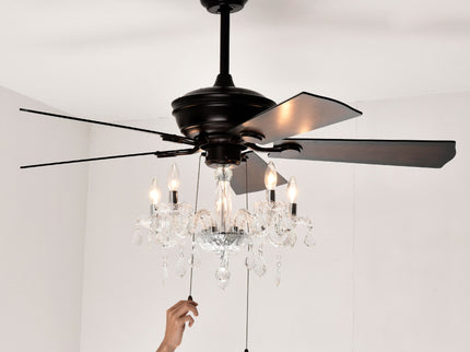 52" Crystal Shade Ceiling Fan Lamp, 3 Speed, 4 Timing, 5 Reversible Blades Crystal Ceiling Fan, 5 Pieces X E12 (No Include Bulb), Hand Pull Chain - Matte Black