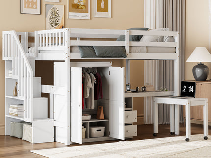 Loft Bed With Stairs, Bookshelf, Drawers, Desk & Wardrobe, Space Saving Multifunctional Furniture