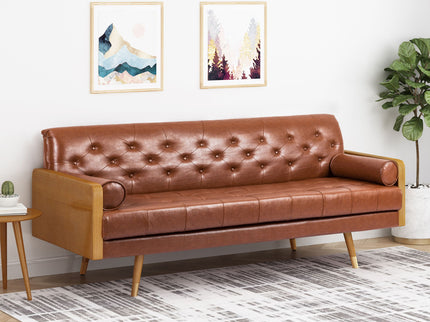 Adelaide - Mid Century Modern Tufted Sofa With Rolled Accent Pillows - Light Brown