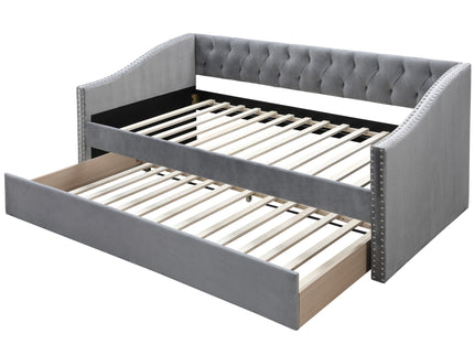 Daybed With Button Tufted Nailhead Trim And Trundle Slat Storage - Gray