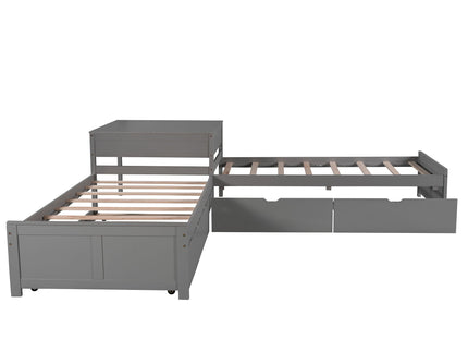 L Shaped Platform Bed With Trundle And Drawers Linked With Built In Desk