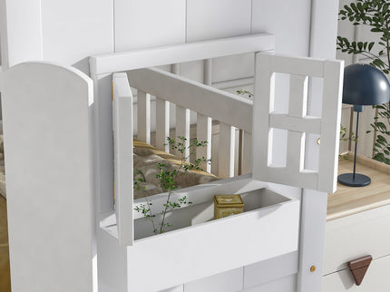 House Bunk Bed With Roof, Window, Window Box, Door, With Safety Guardrails And Ladder