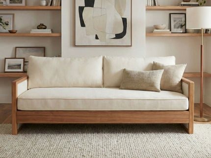 Modern 3 Seater Sofa With Wood Armrests