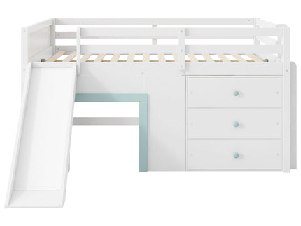 Modern Low Loft Bed With Slide, 3 Storage Drawers, And 2 Doors