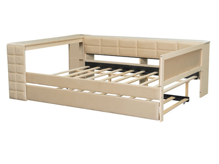 Upholstered Platform Bed With Storage Shelves, Desk, Charging Station And Trundle
