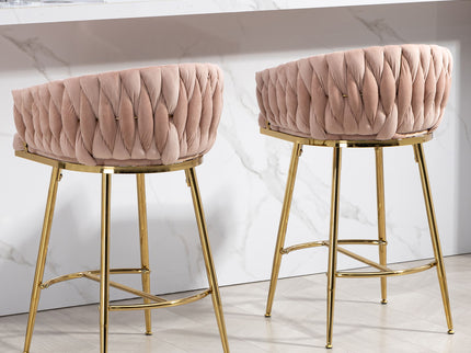 Counter Height Bar Stools Kitchen Island Counter Bar Stool With Hand - Wave Back, Golden Chromed Base And Footrest (Set of 2) - Pink