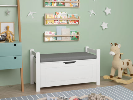 Kids Toy Box Chest Storage Cabinet With Cushion Seat Bench Flip Top Lid Safety Hinge - White