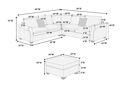 Modern Sectional Set With Corner Wedge, Loveseat, Ottoman & 2 Pillows