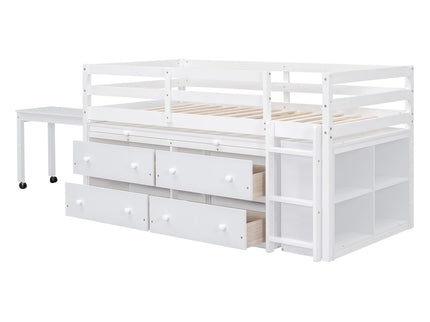 Loft Bed With Retractable Writing Desk And 4 Drawers, With Lateral Portable Desk And Shelves
