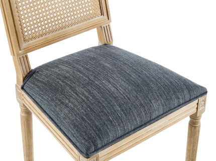 French Country Dining Chair With Rectangular Cane Backrest And Smooth Upholstered Seating