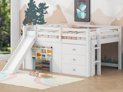 Modern Low Loft Bed With Slide, 3 Storage Drawers, And 2 Doors