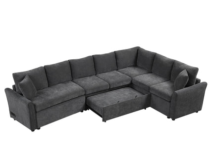 L-Shaped Sofa Convertible Sofa Bed Pull Out Sofa Sleeper With Two Back Pillows, Two USB Ports And Two Power Sockets For Living Room