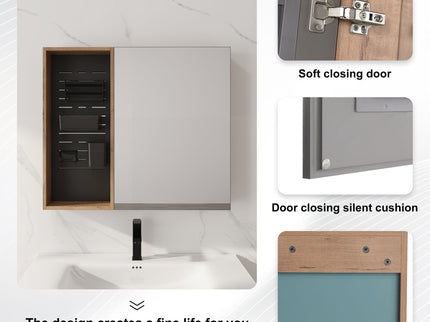 Wall Mounted Bathroom Mirror Cabinet & Adjustable Shelves - Imitative Oak
