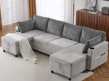 Sectional Sofa Bed With Pull Out Sleeper, USB Ports, Cup Holders