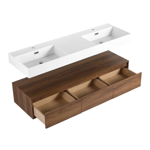 Contemporary Wall Mounted Bathroom Vanity With Dual Resin Sink And Soft Close Drawer