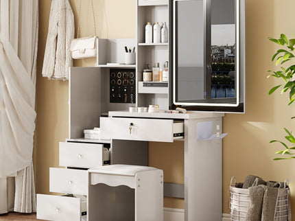 Vanity Desk Set With Sliding Lighted Mirror, 4 Drawer Makeup Dressing Table With 9 Storage Spaces, Hidden Compartments & Cushioned Stool, Beauty Furniture For Bedroom - White