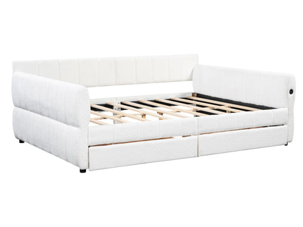 Queen Upholstered Platform Bed With USB Charging And 2 Storage Drawers - White