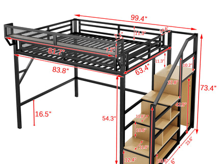 Queen Size Loft Bed & Stairs, Storage Shelves, Wardrobe - Black / Wood