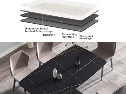 70.87" Modern Artificial Stone Black Curved Black Metal Leg Dining Table, Can Accommodate 6-8 People - Black