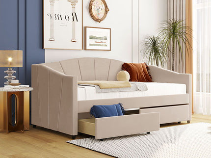Upholstered Daybed With Two Drawers And Wood Slat