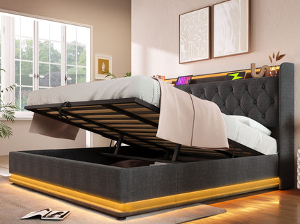 Upholstered Bed, 360 Surround LED Function, Remote Control, Hydraulic Storage Bed With USB, Type-C Charging (Without Mattress)