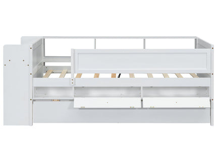 Twin Daybed With Drawers, Trundle, Headboard Storage, Study Desk, And USB Charging Station - White