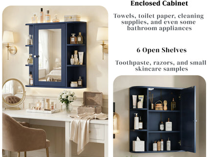 Bathroom Wall Storage Cabinet With Mirror And Adjustable Shelf, 6 Open Shelves