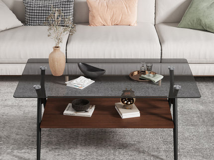 Rectangle Coffee Table With Tempered Glass Top And Shelf, Modern Table For Living Room
