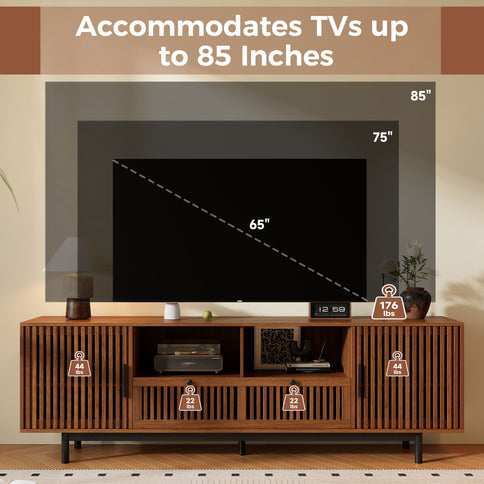 TV Stand, Entertainment Center With Slatted Doors, Cable Management, Soft Closing Hinges - Walnut