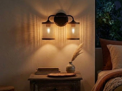 Quell - Double Light Vanity With Natural Shade Wall Lamp - Black / Rattan