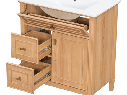 Bathroom Vanity With Sink, Flip Drawer & Adjustable Shelf - Natural