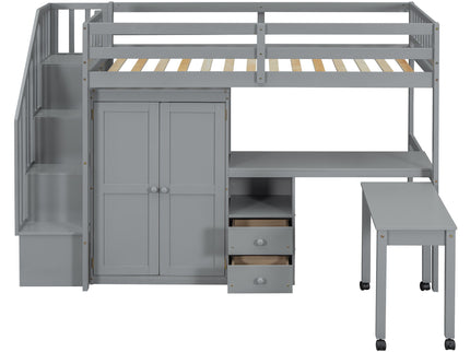 Loft Bed With Stairs, Bookshelf, Drawers, Desk & Wardrobe, Space Saving Multifunctional Furniture