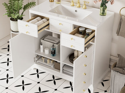 Retro Bathroom Vanity With Sink, Storage Cabinet, Freestanding With 2 Drawers & Soft-Closing Doors