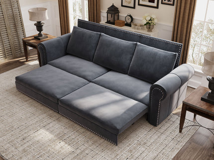3 In 1 Convertible Sleeper Sofa With Nailhead Trim & Rolled Arm