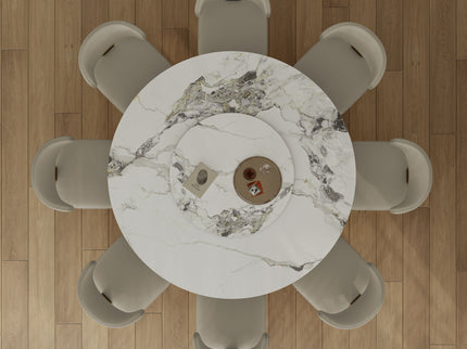 Luxury Round 59" Sintered Stone Dining Table With Stainless Steel Hourglass Base, Scratch & Heat Resistant Surface - Golden / White