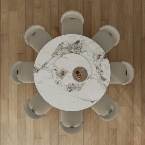Luxury Round 59" Sintered Stone Dining Table With Stainless Steel Hourglass Base, Scratch & Heat Resistant Surface - Golden / White