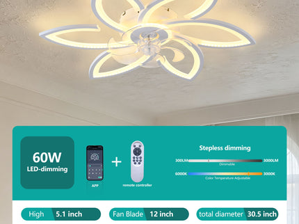 30" Flower 6 Speed Ceiling Fan With Remote Controlled LED Lights, Low Profile Flush Mount Fan