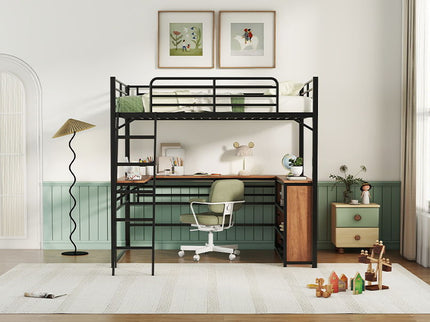 Full Size Loft Bed With 3 Layers Of Shelves And L-Shaped Desk - Black