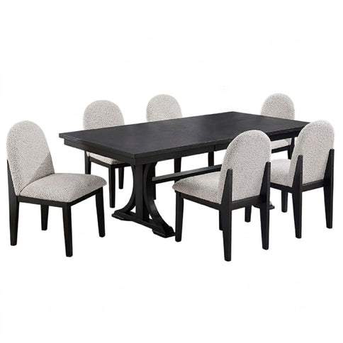 7 Piece Dining Set, Table And 6 Side Chairs, Table With Trestle Base - Black / Charcoal / White