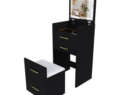 3 In 1 Vanity Desk With Open Top Mirror, Glass Desktop Makeup Set With 3 Drawers, Compact Dressing Table For Bedroom - Black