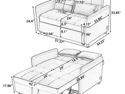 Convertible Sleeper Sofa Bed With 3 USB Ports