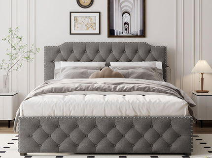 Upholstered Platform Bed With Trundle And 2 Sets Of USB Ports On Each Side, Fabric