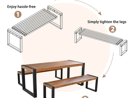 3 Pieces Outdoor Dining Table With 2 Benches, Patio Dining Set With Unique Top Texture, Acacia Wood Top & Steel Frame, All Weather Use, For Outdoor & Indoor - Natural