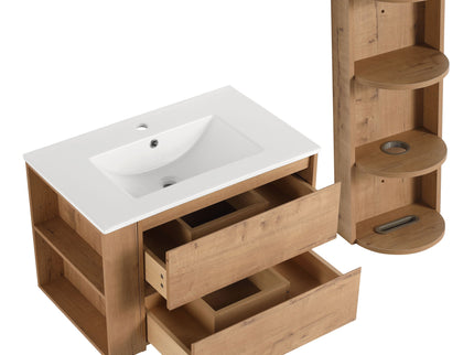 Modern Wall Mounted Bathroom Vanity With Ceramic Sink And Storage Rack, 2 Soft Close Drawers