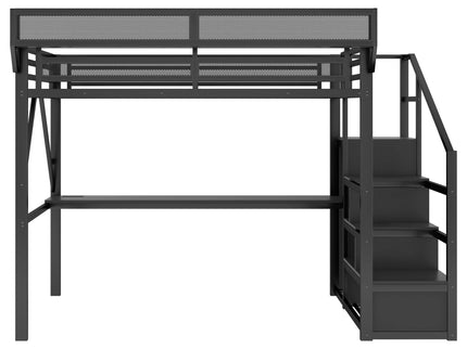 Loft Bed With Desk And Charging Station With Stairs And Light
